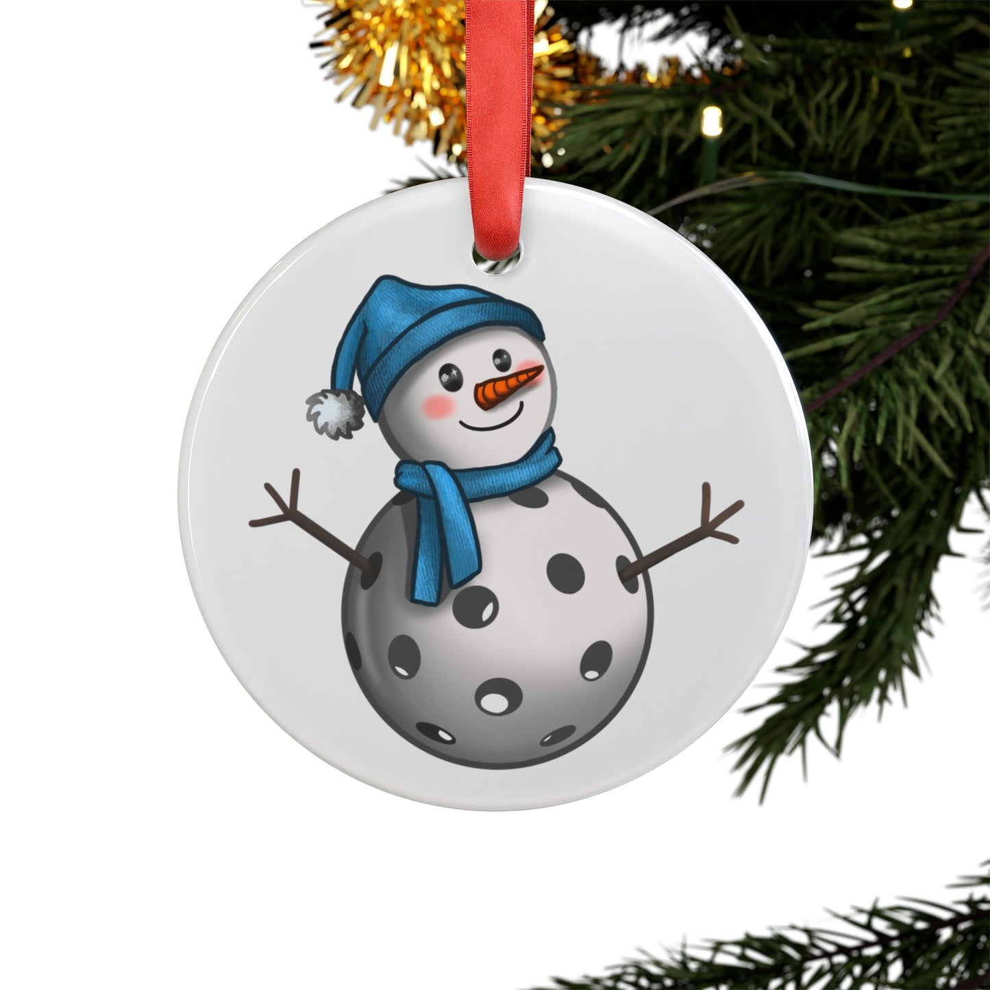 Acrylic Doublesided Pickleball Snowman Ornament with Ribbon