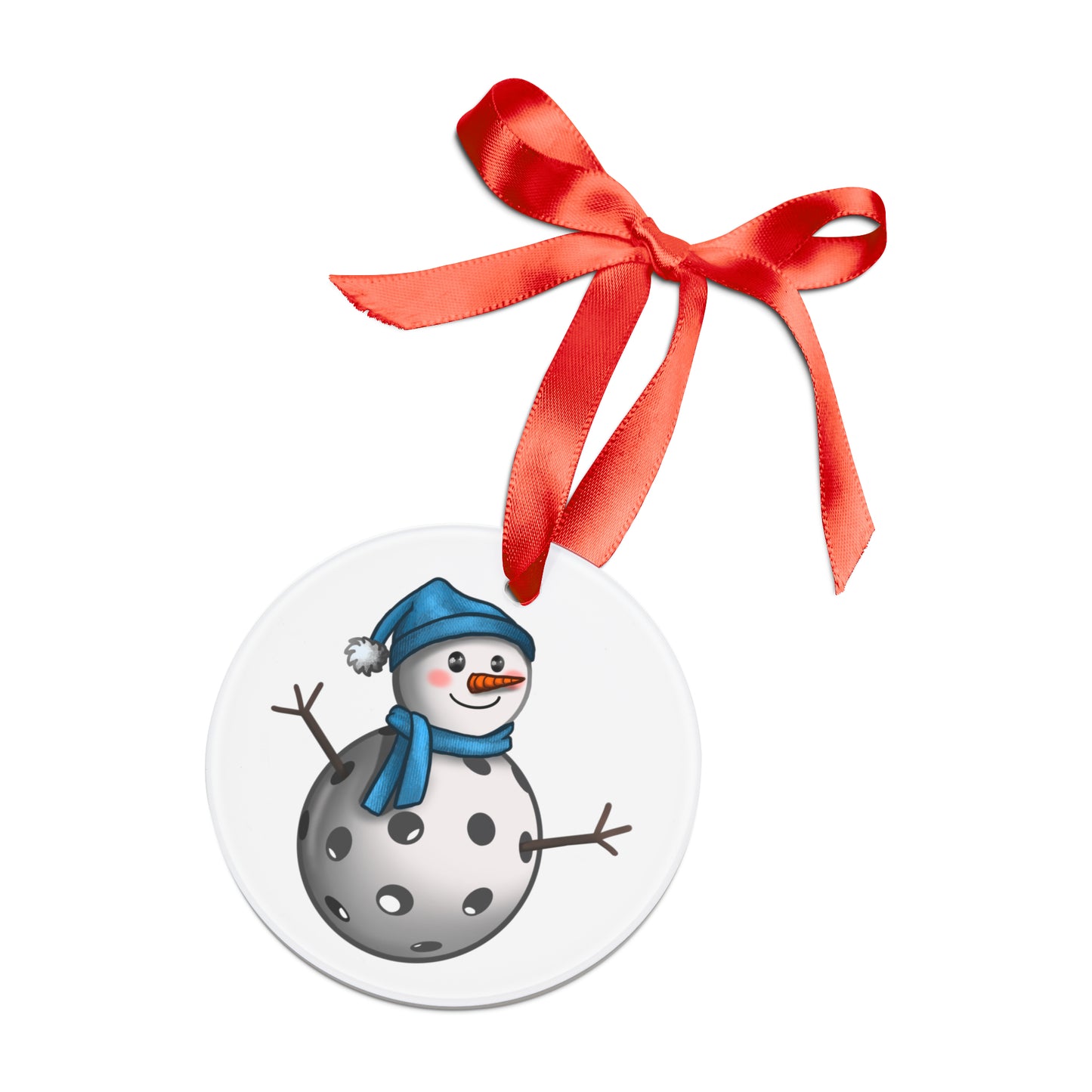 Acrylic Doublesided Pickleball Snowman Ornament with Ribbon