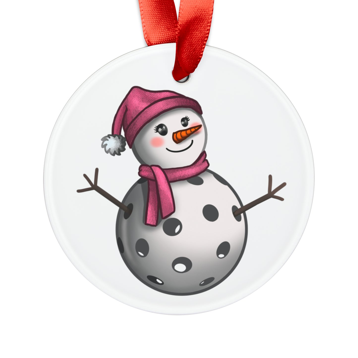 Acrylic Doublesided Pickleball Snowman Ornament with Ribbon